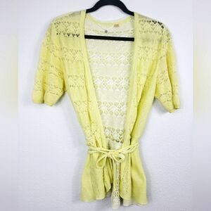 Anthropologie Knitted & Knotted Hearts Open Front Knit Wrap Cardigan Pale Yellow
